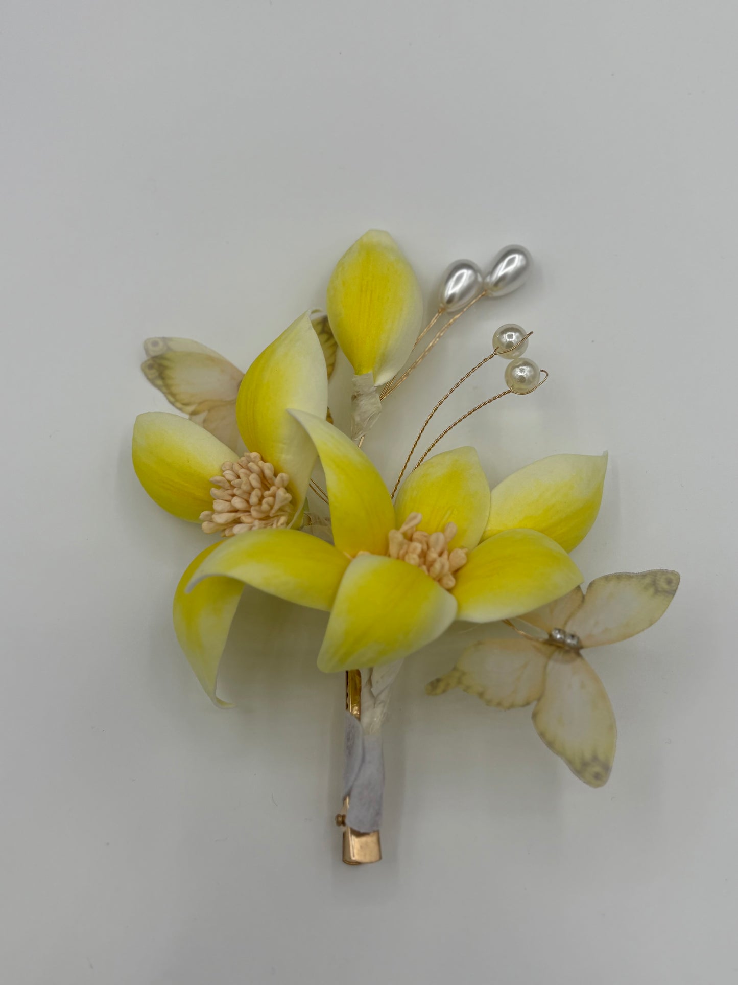 Yellow Floral Pearl Butterfly Hairclip