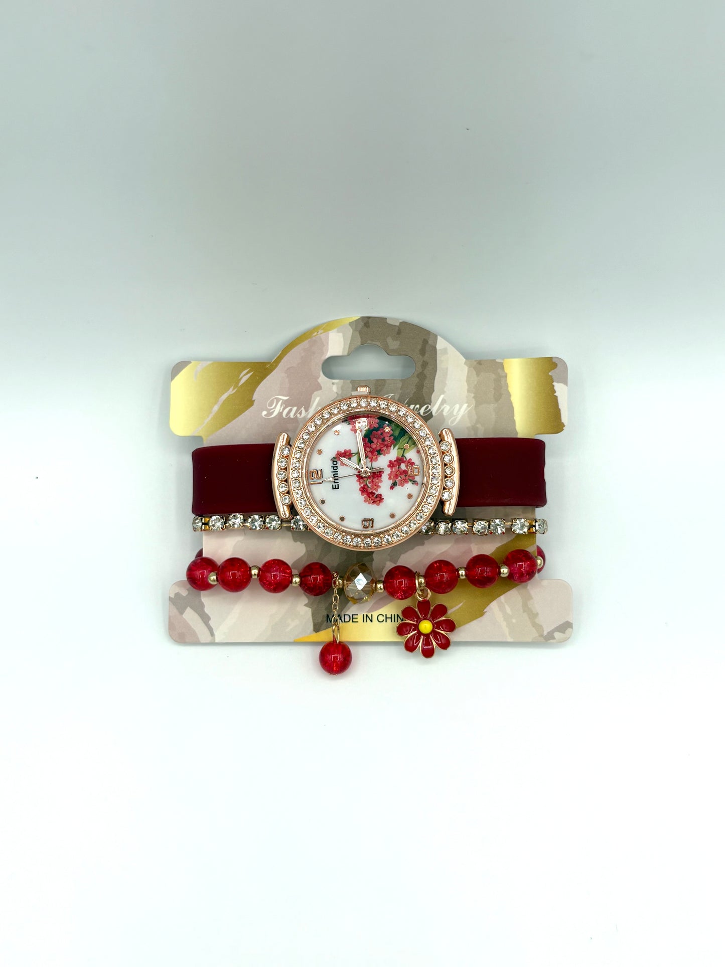 Red Floral Dial Watch & Bracelet Stack