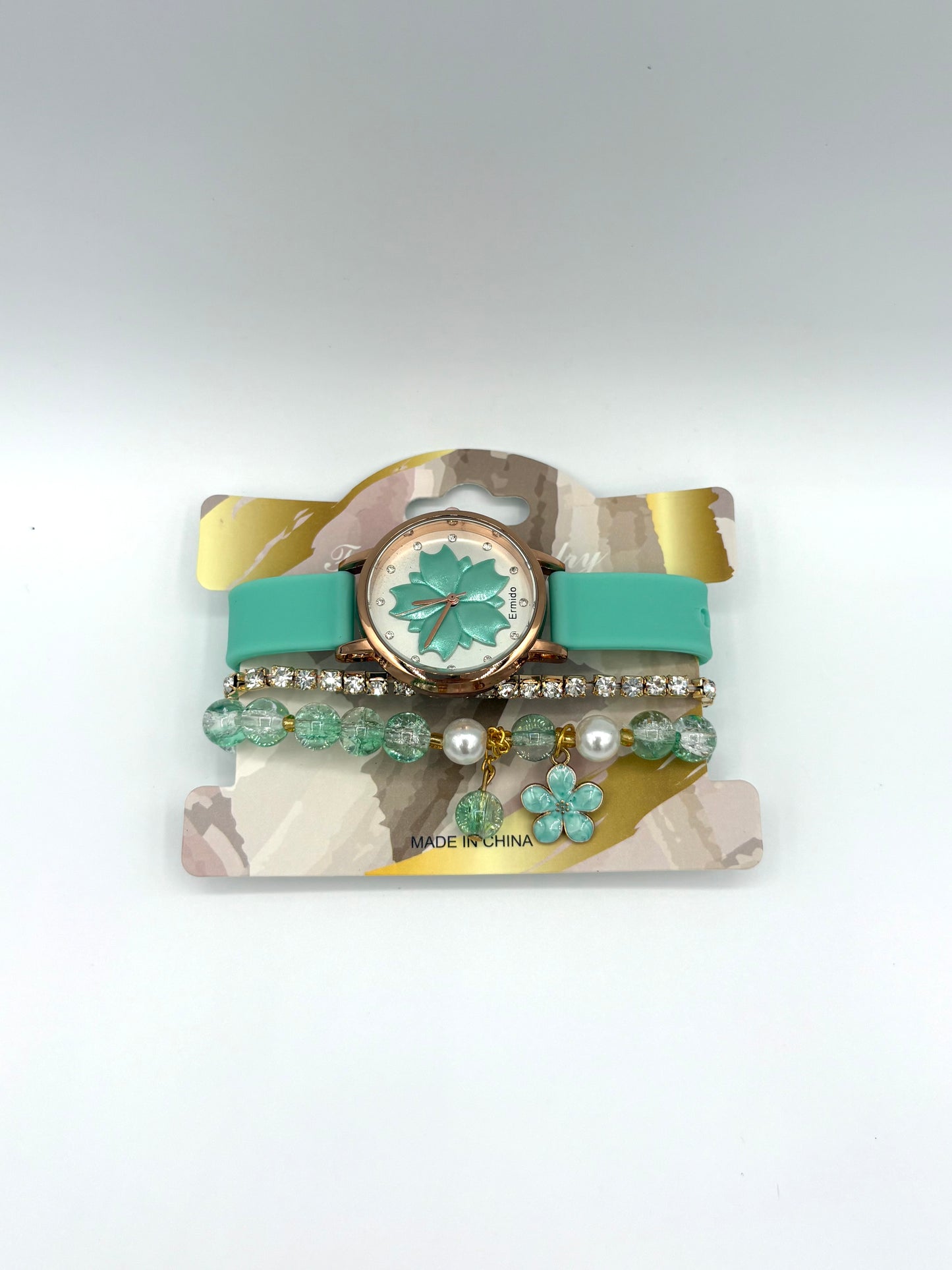 Pink/Green Flower Dial Watch & Bracelet Stack