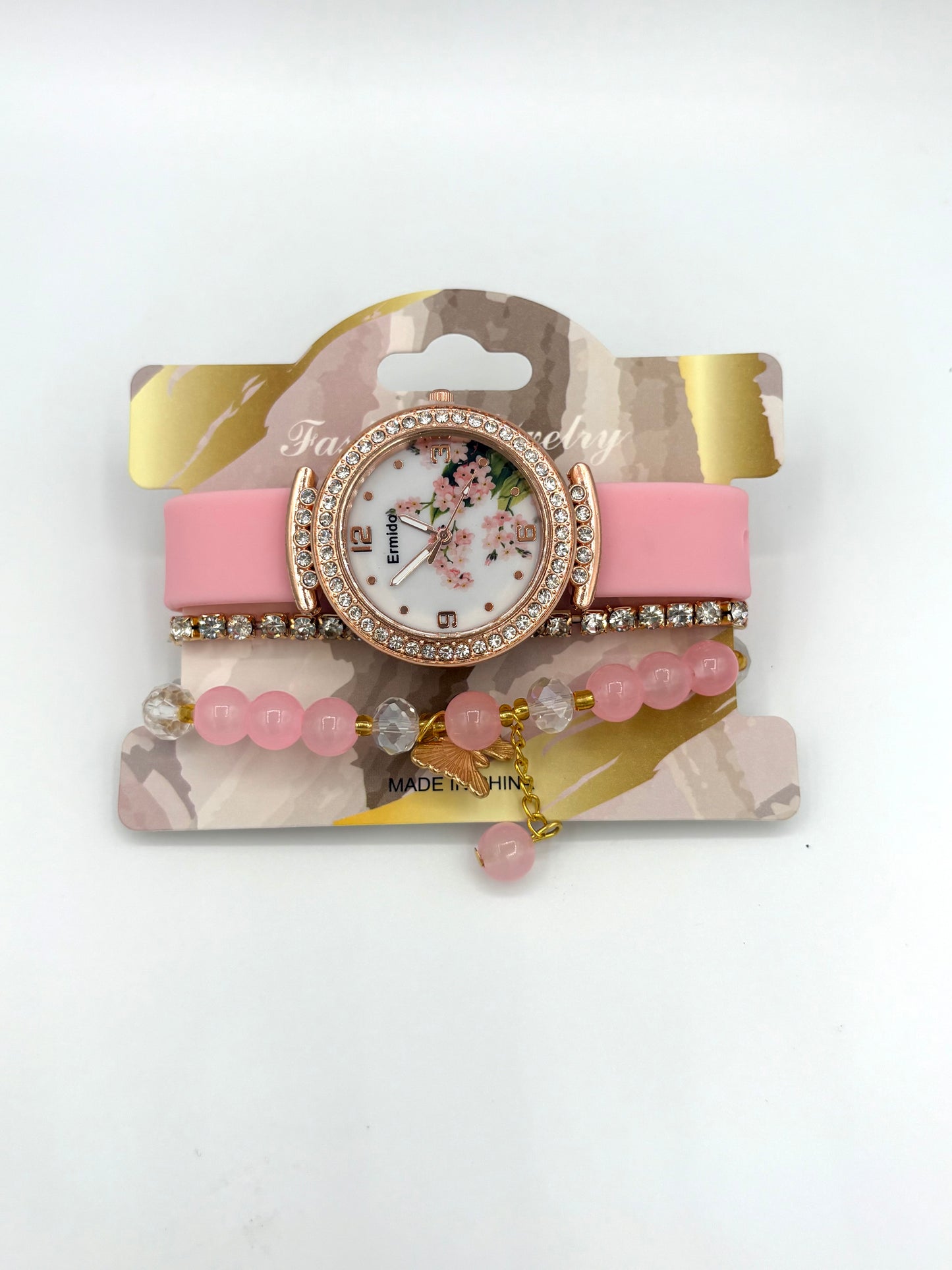 Pink Floral Dial Watch & Bracelet Stack