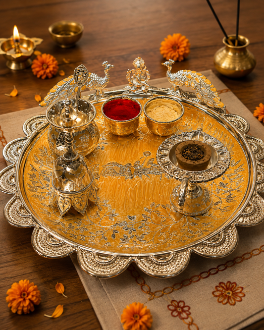 German Silver Peacock Puja Thali