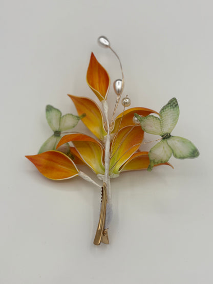 Orange Floral Pearl Butterfly Hairclip