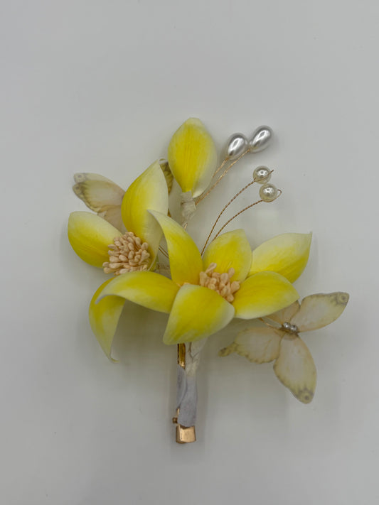 Yellow Floral Pearl Butterfly Hairclip