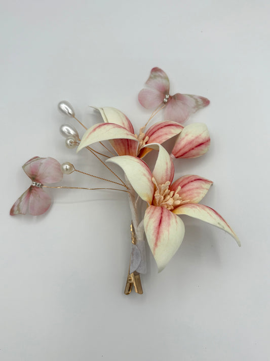 Blush Lily Hair Clip with Butterflies & Pearls