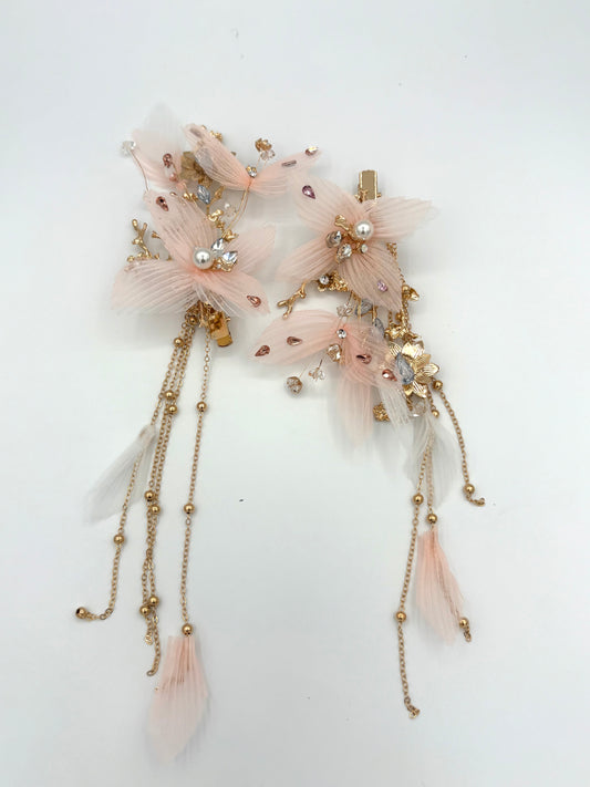 Blush Feather & Crystal Cascade Hair Clip Set