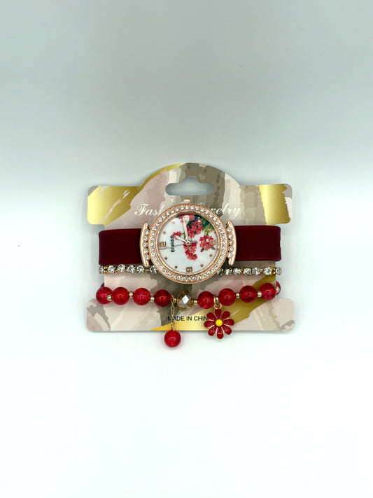 Red Floral Dial Watch & Bracelet Stack