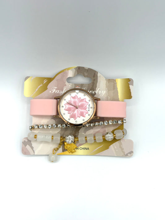 Pink/Green Flower Dial Watch & Bracelet Stack