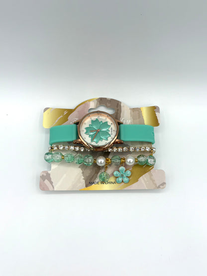 Pink/Green Flower Dial Watch & Bracelet Stack
