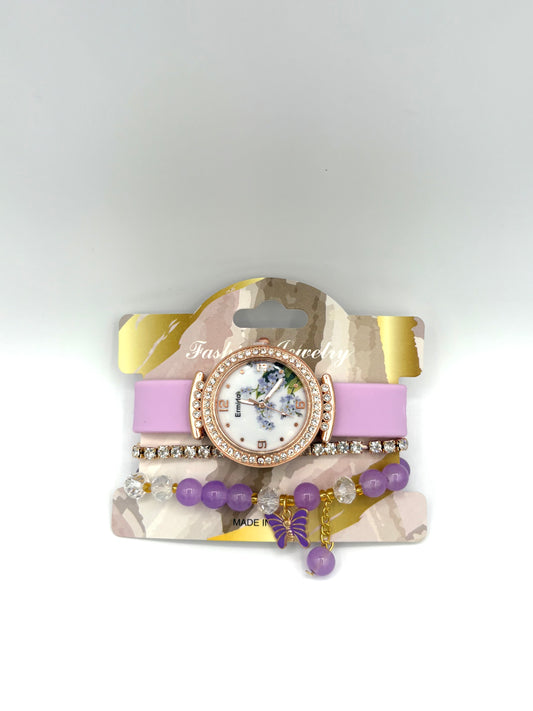 Purple Floral Dial Watch & Bracelet Stack
