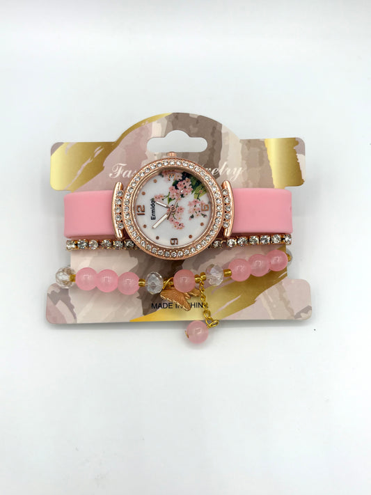 Pink Floral Dial Watch & Bracelet Stack