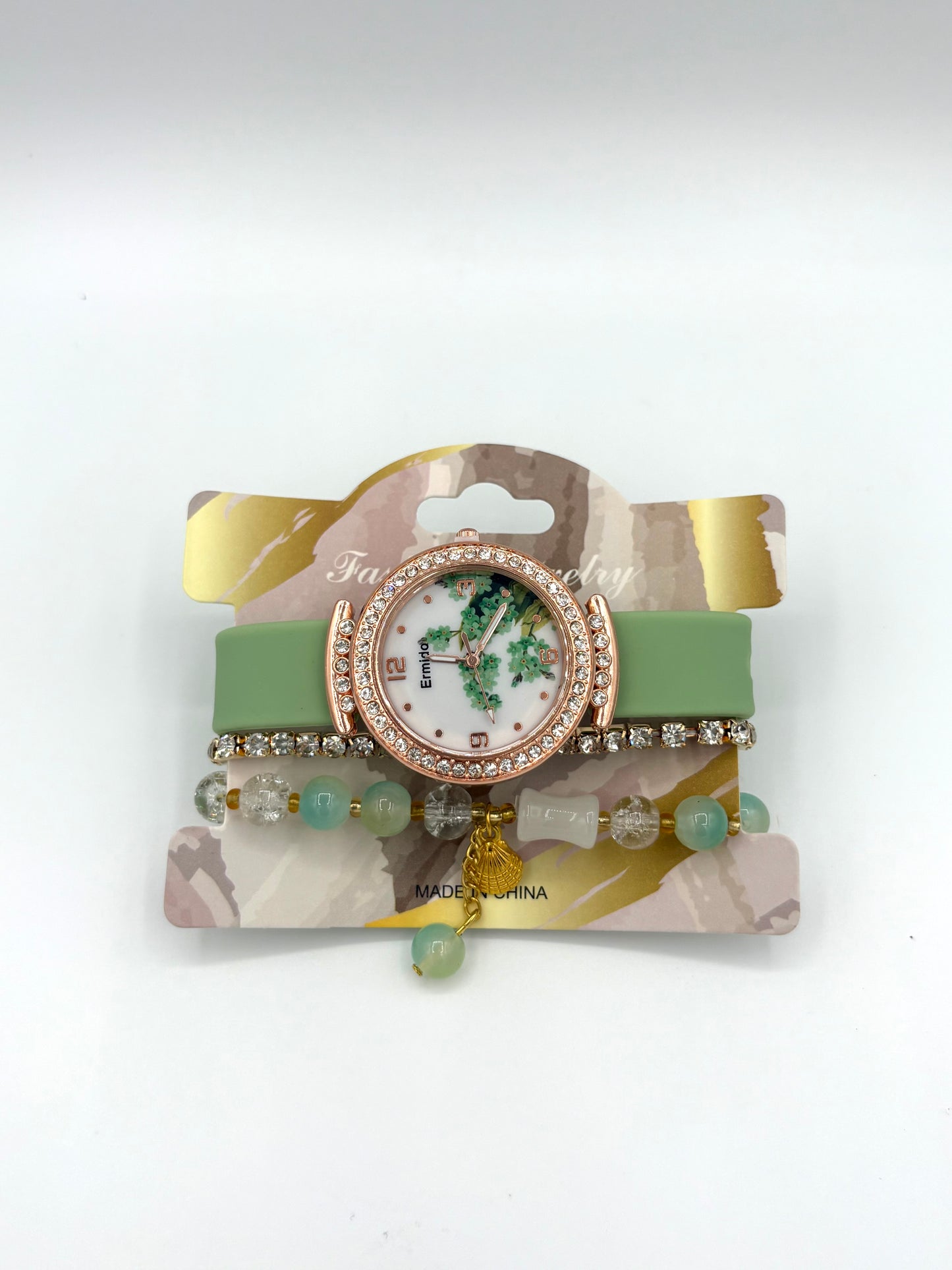 Green Floral Dial Watch & Bracelet Stack