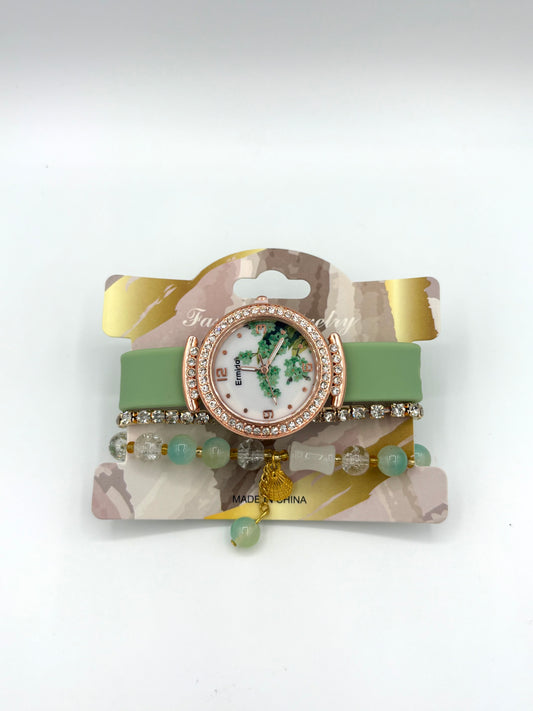 Green Floral Dial Watch & Bracelet Stack