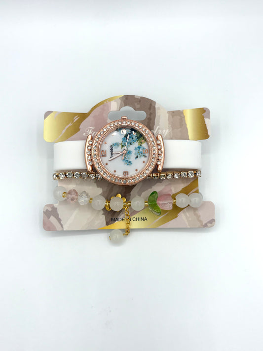 White Floral Dial Watch & Bracelet Stack