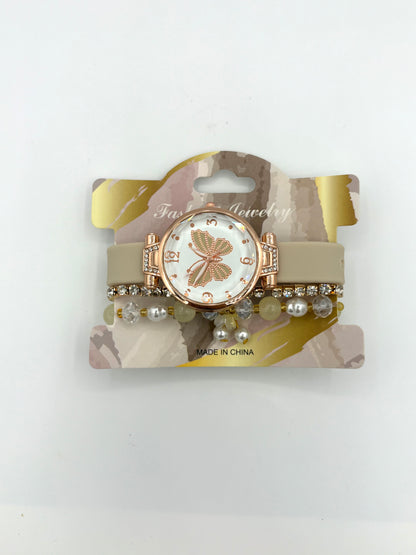 Rose Gold Butterfly Watch With Bracelet Stack - White/Green/Beige