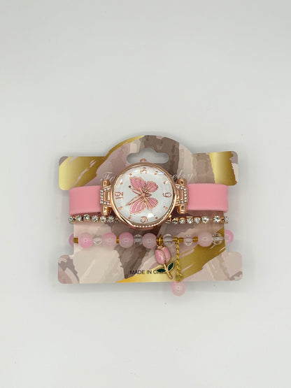 Rose Gold Butterfly Watch With Bracelet Stack - Red/Pink