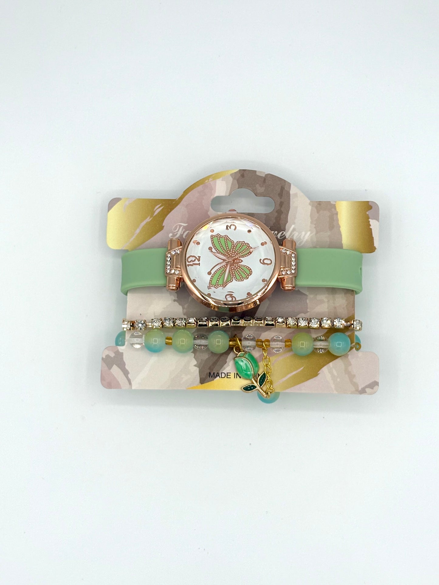 Rose Gold Butterfly Watch With Bracelet Stack - White/Green/Beige