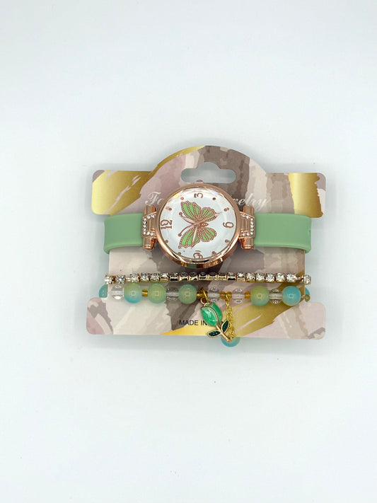 Rose Gold Butterfly Watch With Bracelet Stack - White/Green/Beige