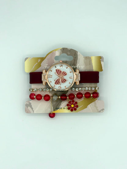Rose Gold Butterfly Watch With Bracelet Stack - Red/Pink