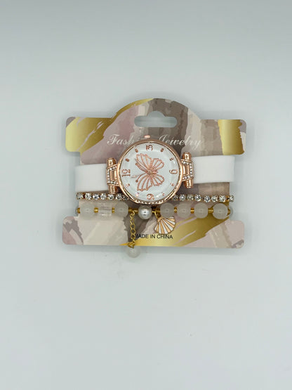 Rose Gold Butterfly Watch With Bracelet Stack - White/Green/Beige