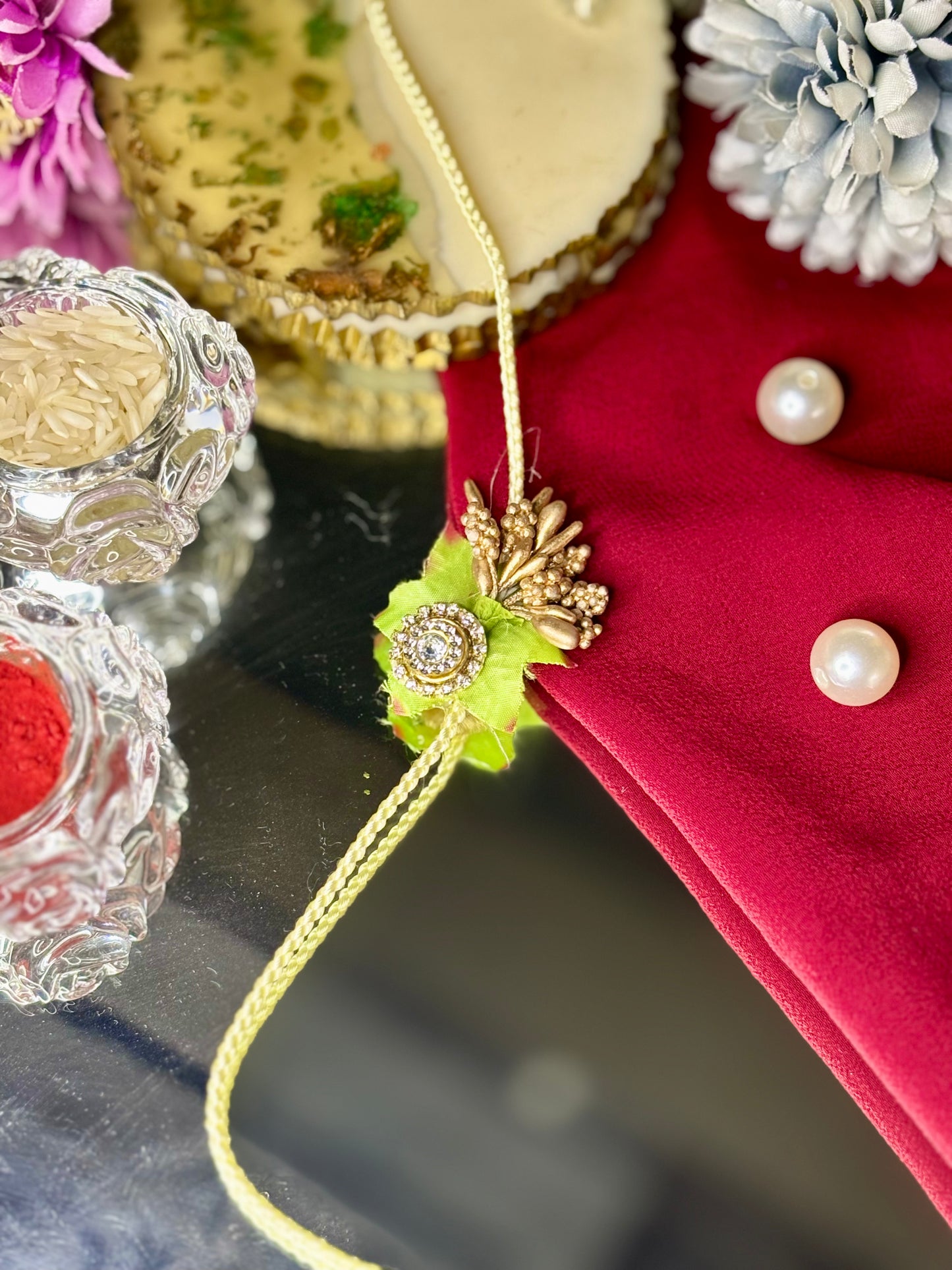 Green Rakhi with Golden Buds