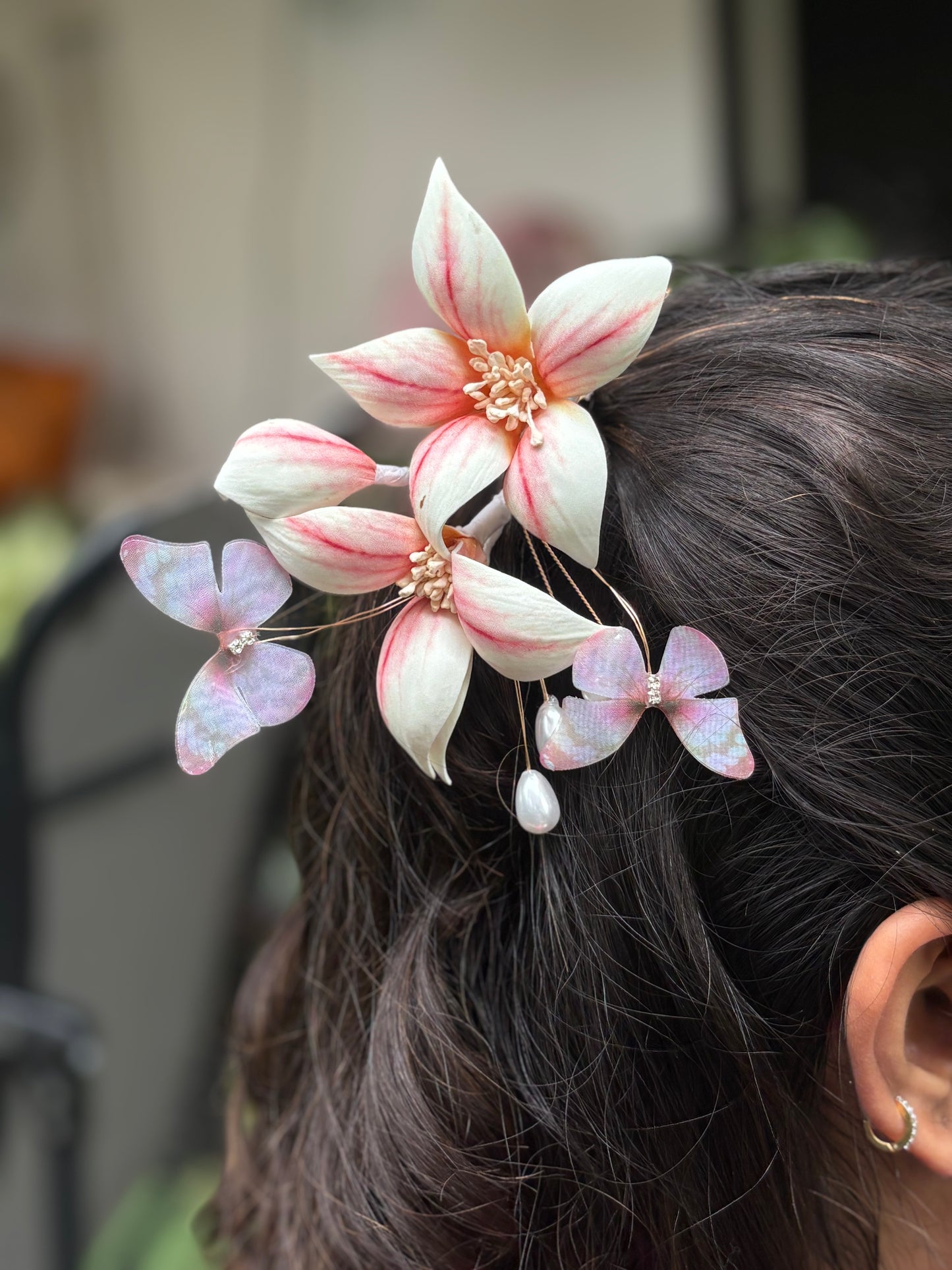 Blush Lily Hair Clip with Butterflies & Pearls
