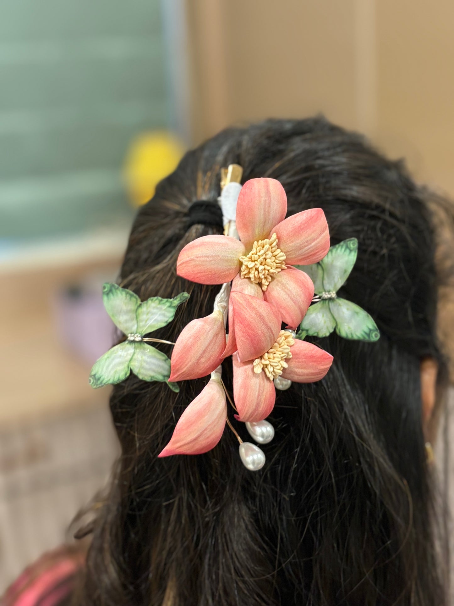 Coral Flower Hair Clip with Butterflies & Pearls