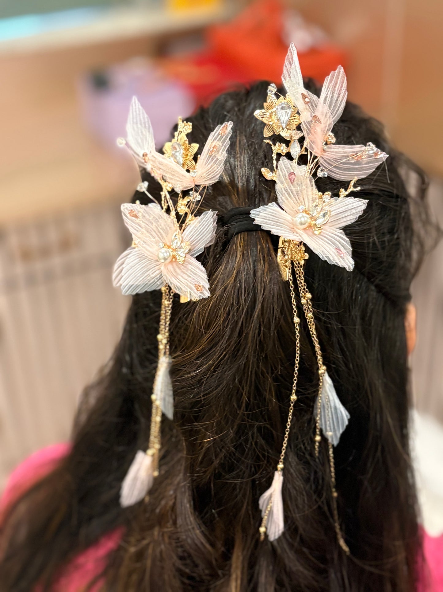 Blush Feather & Crystal Cascade Hair Clip Set