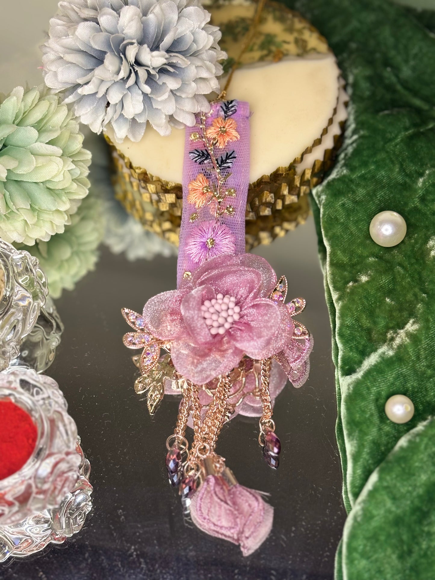 Pink Flower Hair Clip Lumba with Embroidered Strap